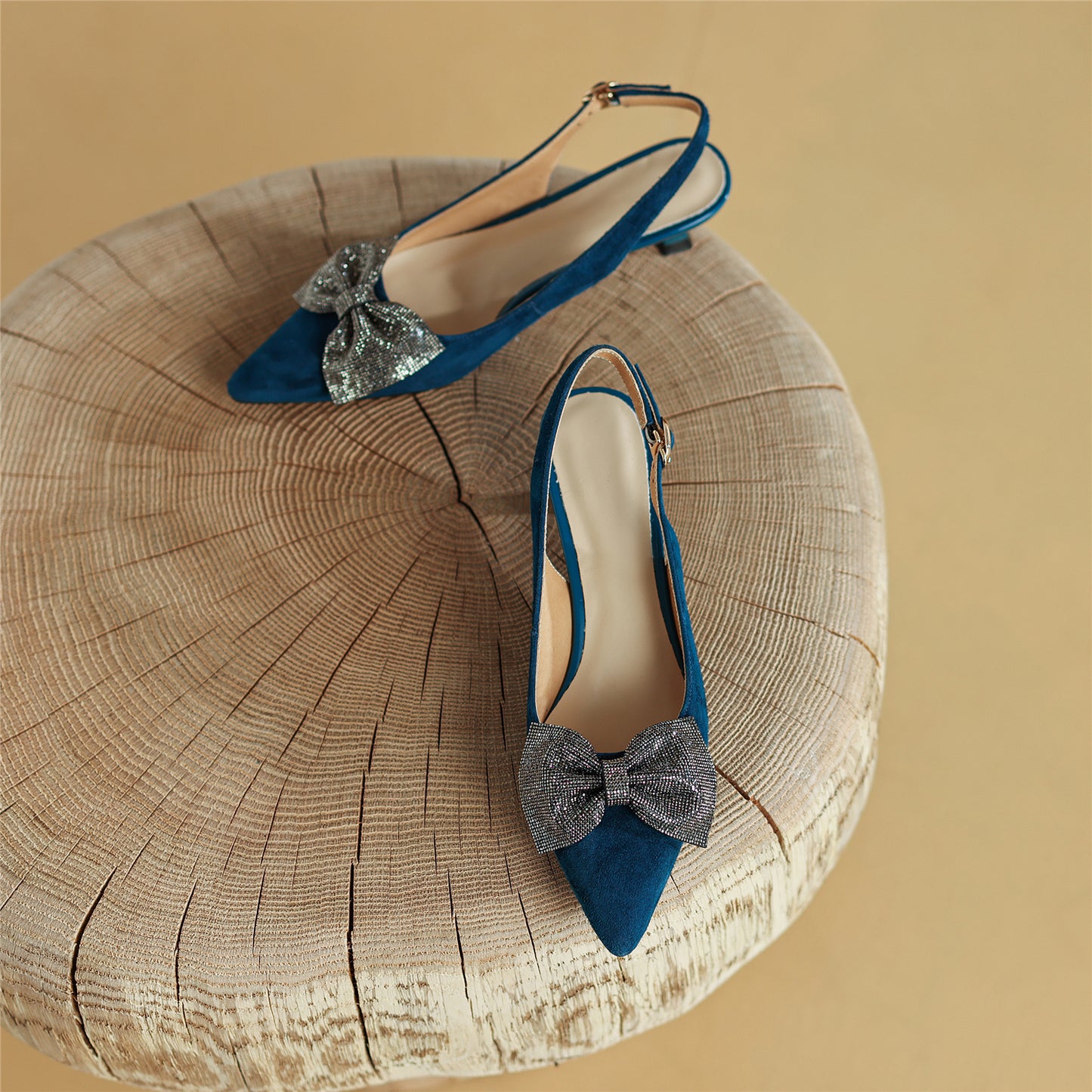 Nine Seven Women's Pointed Toe Suede Leather Handmade Buckle Cute Kitten Heels Slingbacks with Bowknot