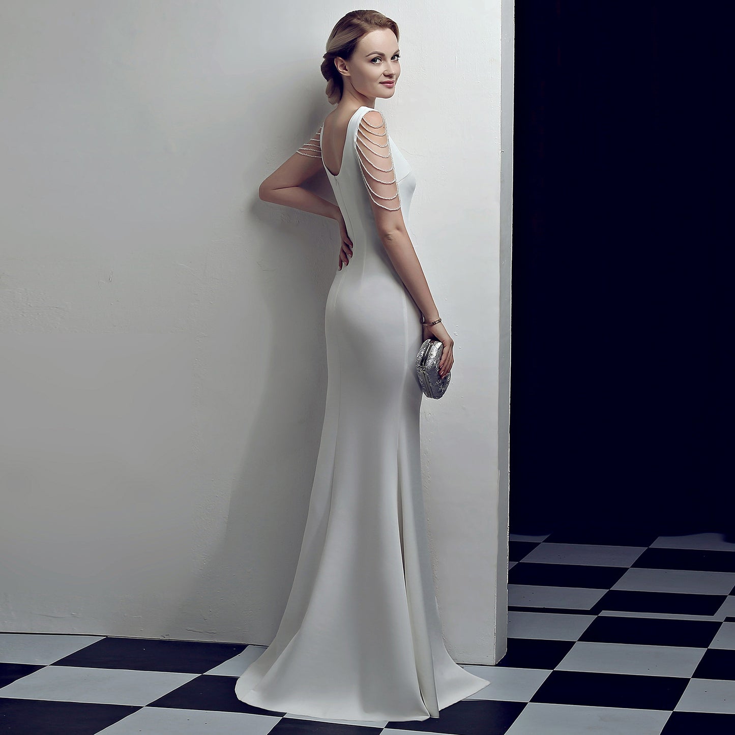 Nine Seven Women's Deep V Neck Back Zip Up Mermaid Sexy Side Split Evening Party Formal Ocassion Dress