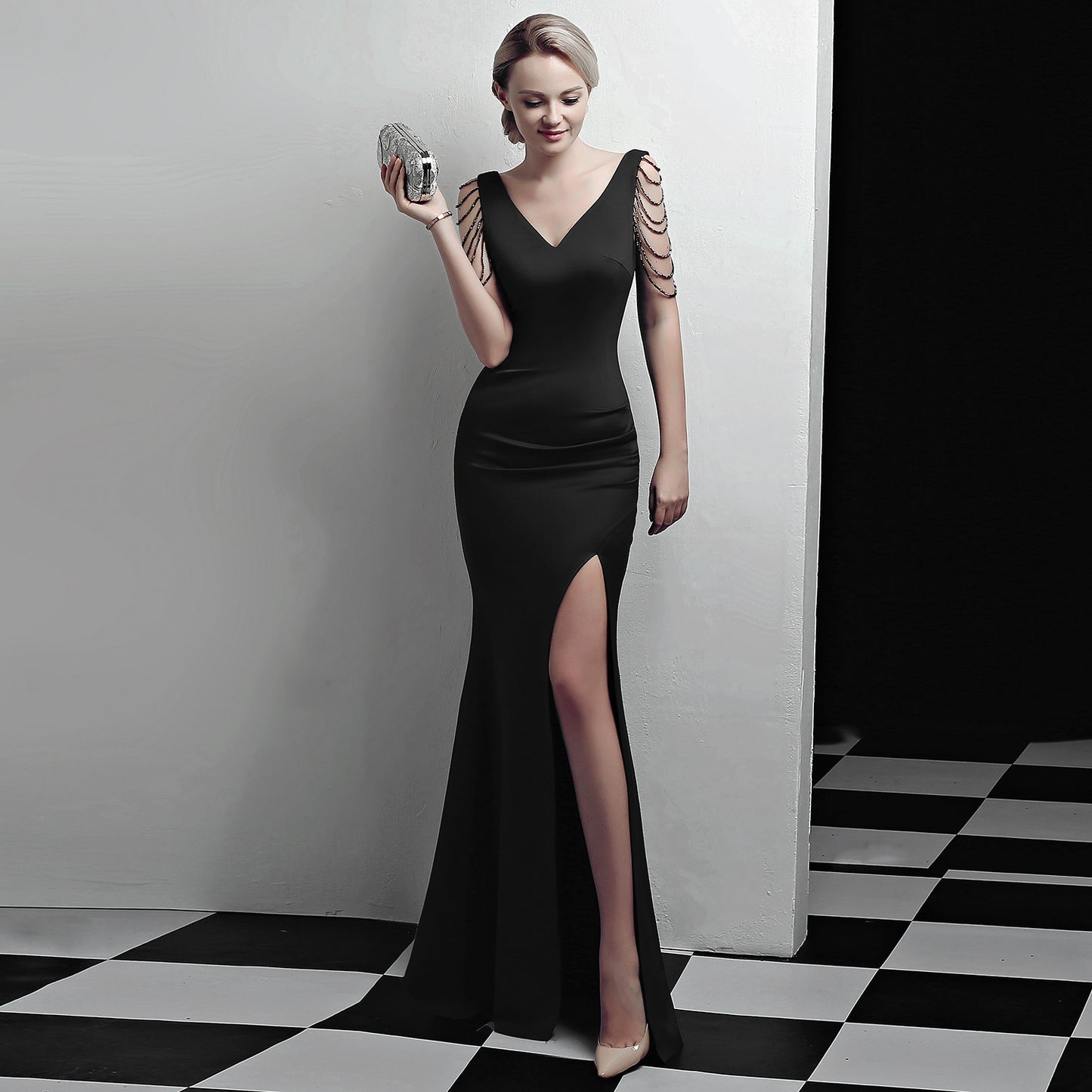 Nine Seven Women's Deep V Neck Back Zip Up Mermaid Sexy Side Split Evening Party Formal Ocassion Dress