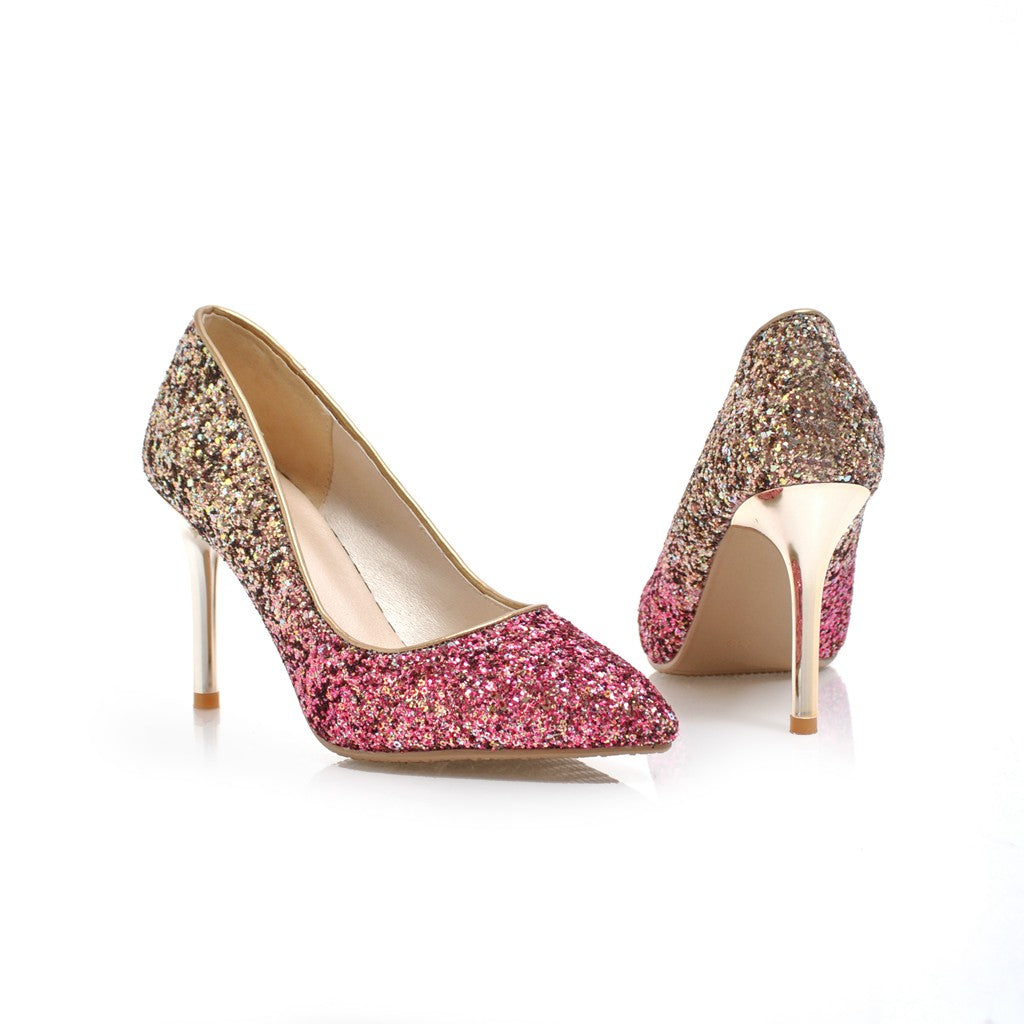 Nine Seven Women's Pointed Toe Handmade High Stiletto Heel Glitter Weeding Party Loafer Pumps Shoes