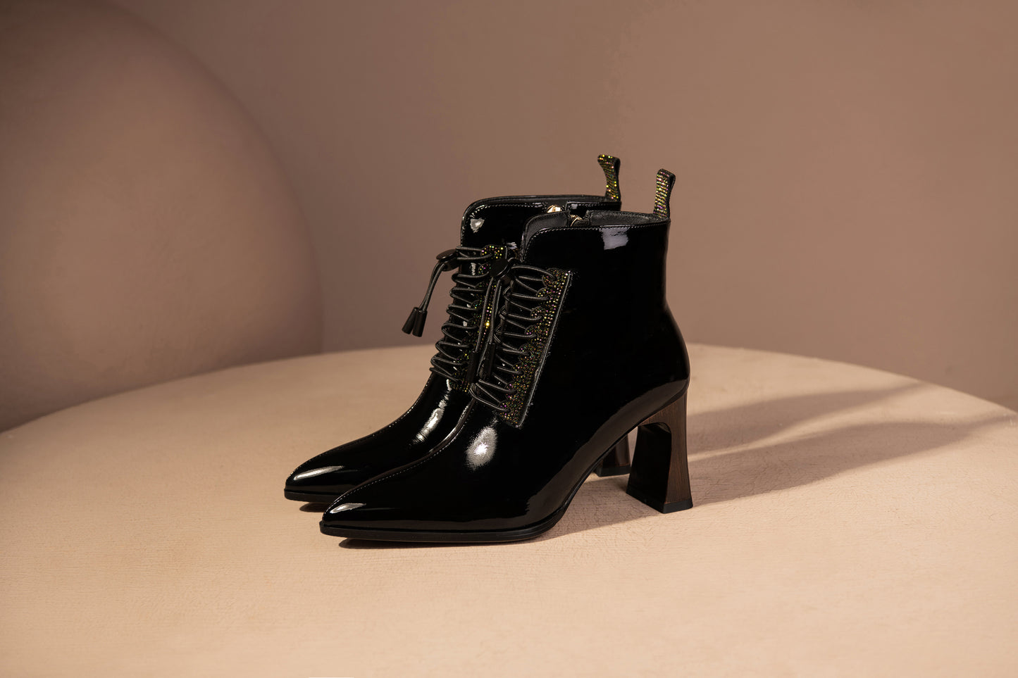 Nine Seven Handmade Women's Patent Leather Rhinestones Front Lace Up Pointed Toe Mid Chunky Heel Ankle Boots