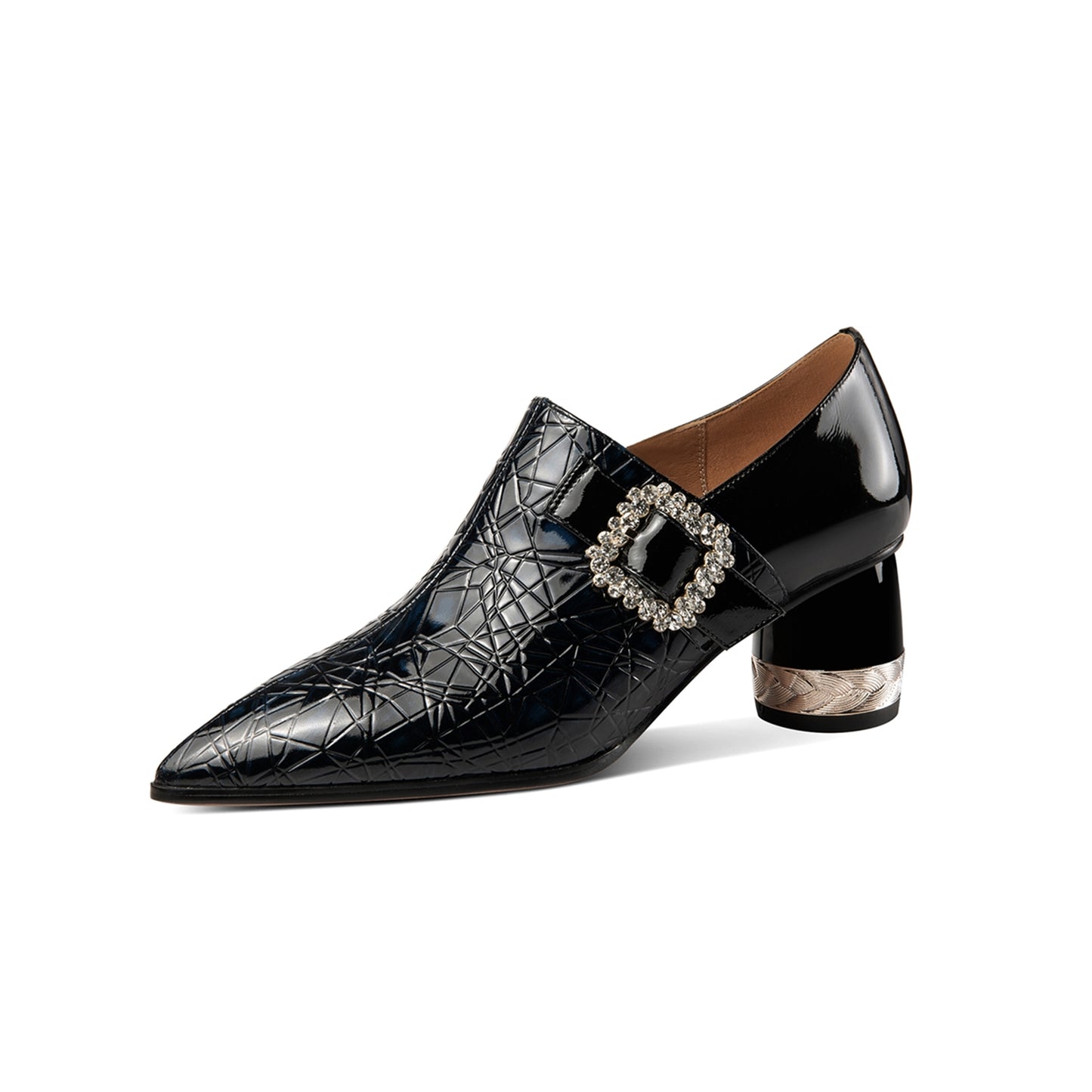 Nine Seven Pointed Toe Patent Leather Handmade Zipper with Buckle Mid Cone Heels Women's Pumps