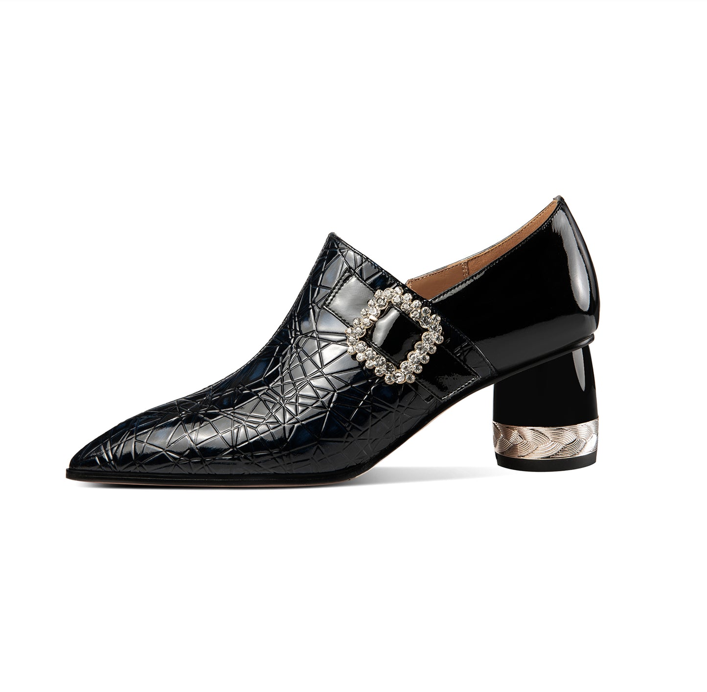 Nine Seven Pointed Toe Patent Leather Handmade Zipper with Buckle Mid Cone Heels Women's Pumps