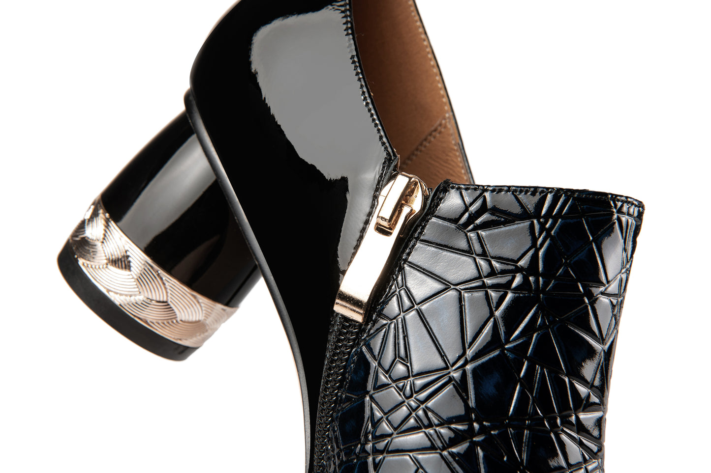 Nine Seven Pointed Toe Patent Leather Handmade Zipper with Buckle Mid Cone Heels Women's Pumps