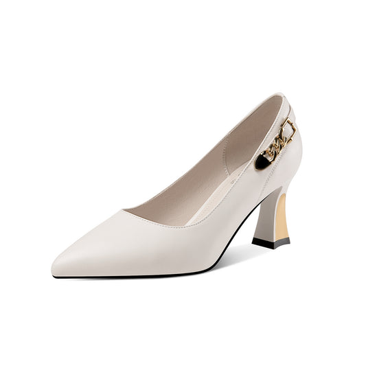 Nine Seven Genuine Leather Women's Handmade Pointed Toe Metal Chain Decor Mid Heel Pumps