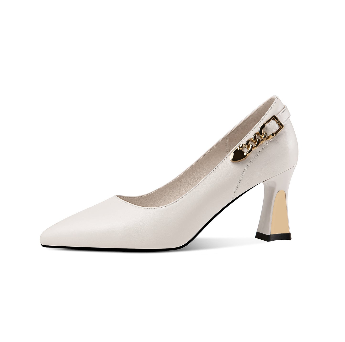 Nine Seven Genuine Leather Women's Handmade Pointed Toe Metal Chain Decor Mid Heel Pumps