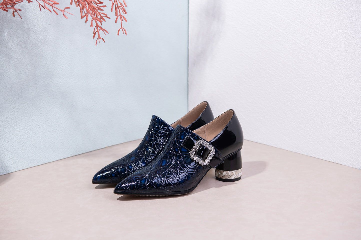 Nine Seven Pointed Toe Patent Leather Handmade Zipper with Buckle Mid Cone Heels Women's Pumps