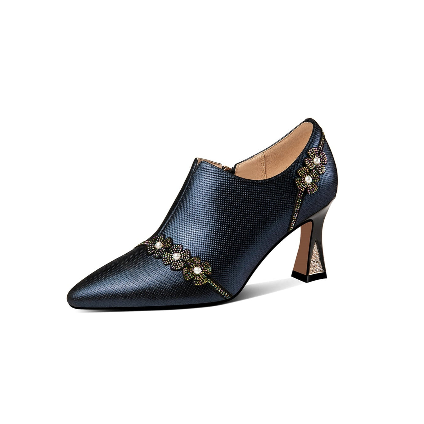 Nine Seven Handmade Women's Genuine Leather Rhinestones Pearls Flowers Side Zipper Pointed Toe Mid Spool Heel Pumps