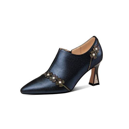 Nine Seven Handmade Women's Genuine Leather Rhinestones Pearls Flowers Side Zipper Pointed Toe Mid Spool Heel Pumps
