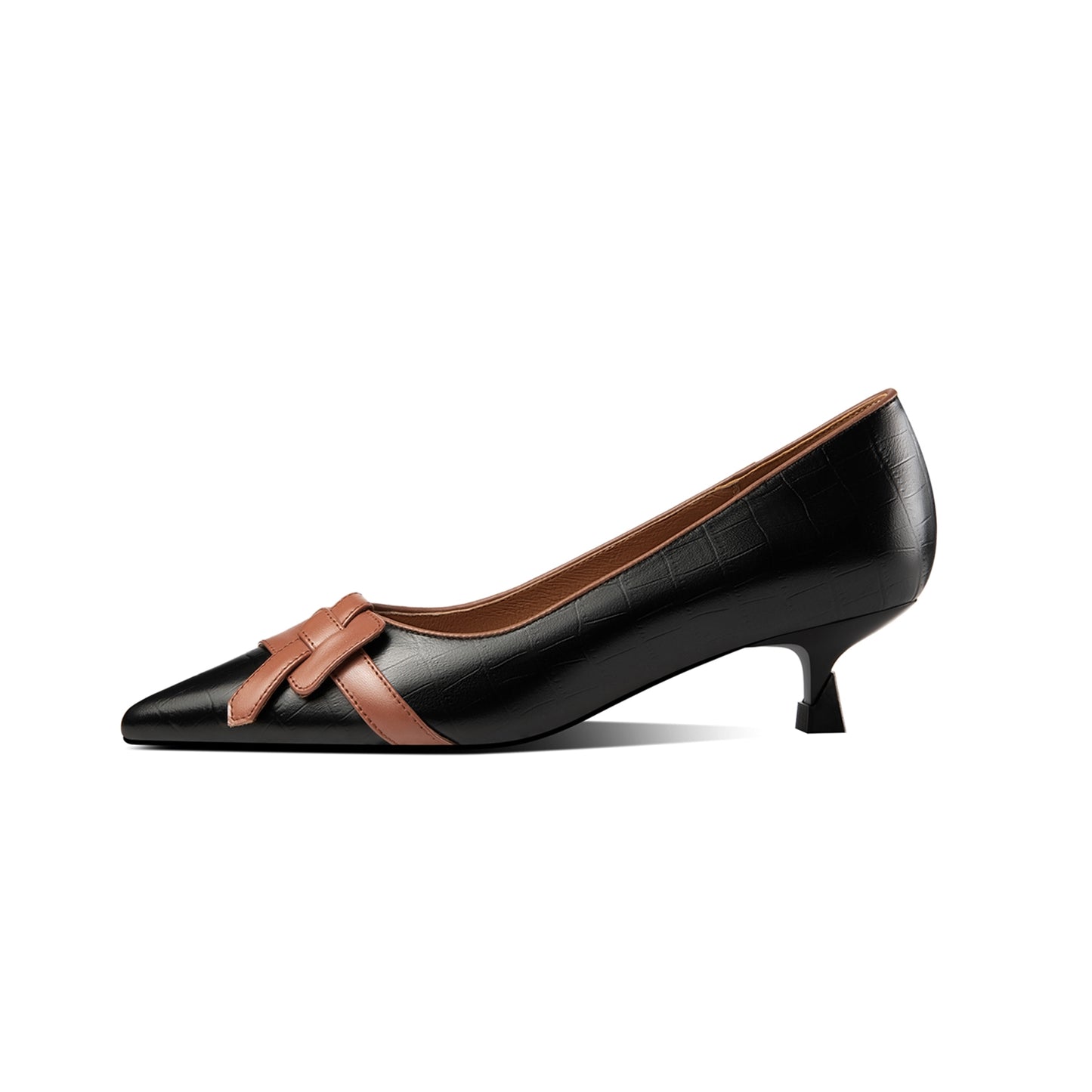 Nine Seven Pointed Toe Handmade Woven Decor Genuine Leather Kitten Heels Women's Pumps Shoes