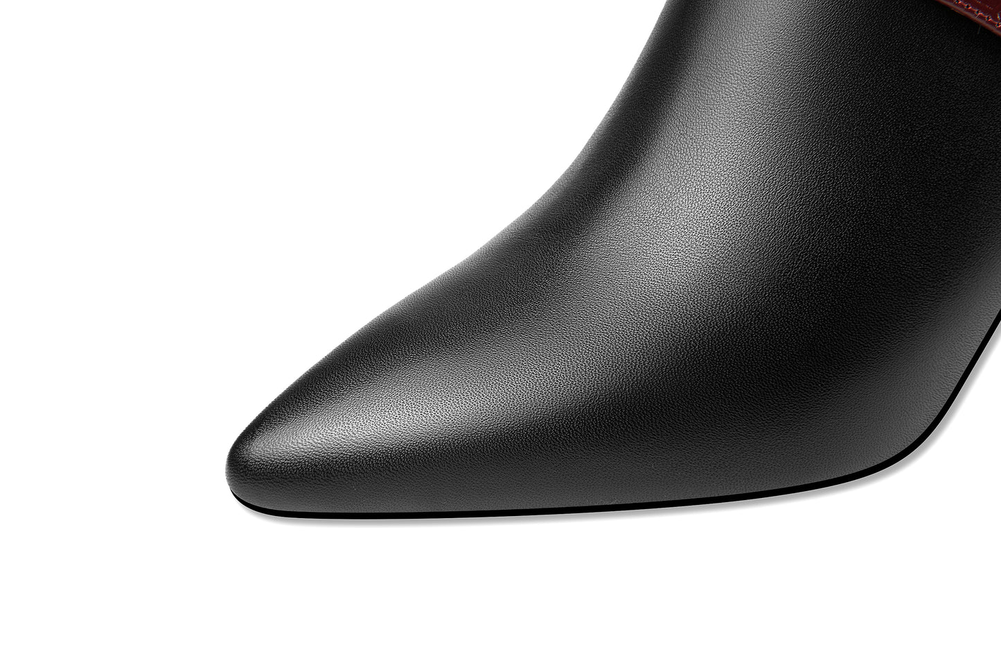 Nine Seven Handmade Women's Genuine Leather Stitching Color Side Zipper Pointed Toe Mid Spool Heel Pumps Shoes