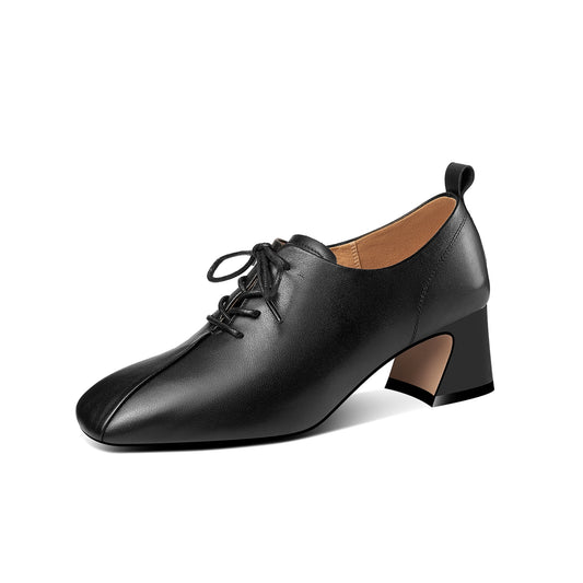 Nine Seven Handmade Women's Genuine Leather Textured Square Toe Front Lace Up Low Chunky Heel Oxford Pumps