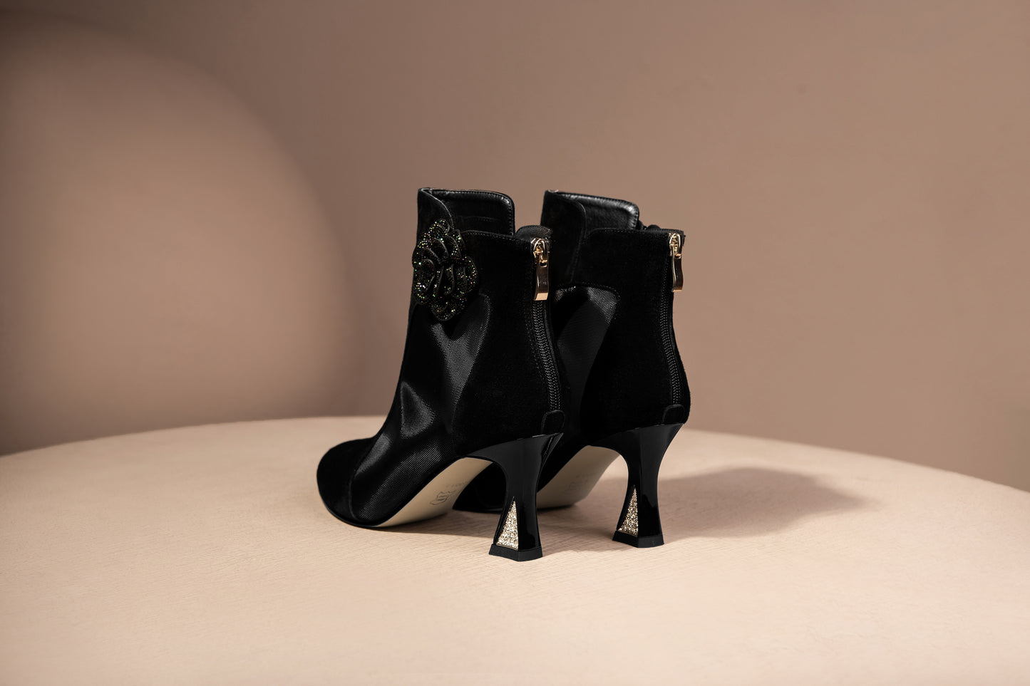 Nine Seven Women's Suede Leather Handmade Mesh Spool Heel Back Zip Up Flower Decor Black Summer Ankle Boots