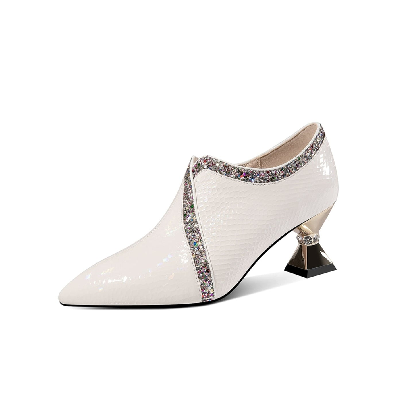 Nine Seven Handmade Women's Glossy Patent Leather Slip On Side Zipper Pointed Toe Low Spool Heel Pumps Shoes