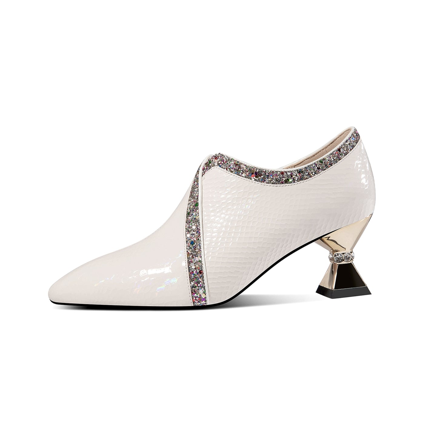 Nine Seven Handmade Women's Glossy Patent Leather Slip On Side Zipper Pointed Toe Low Spool Heel Pumps Shoes