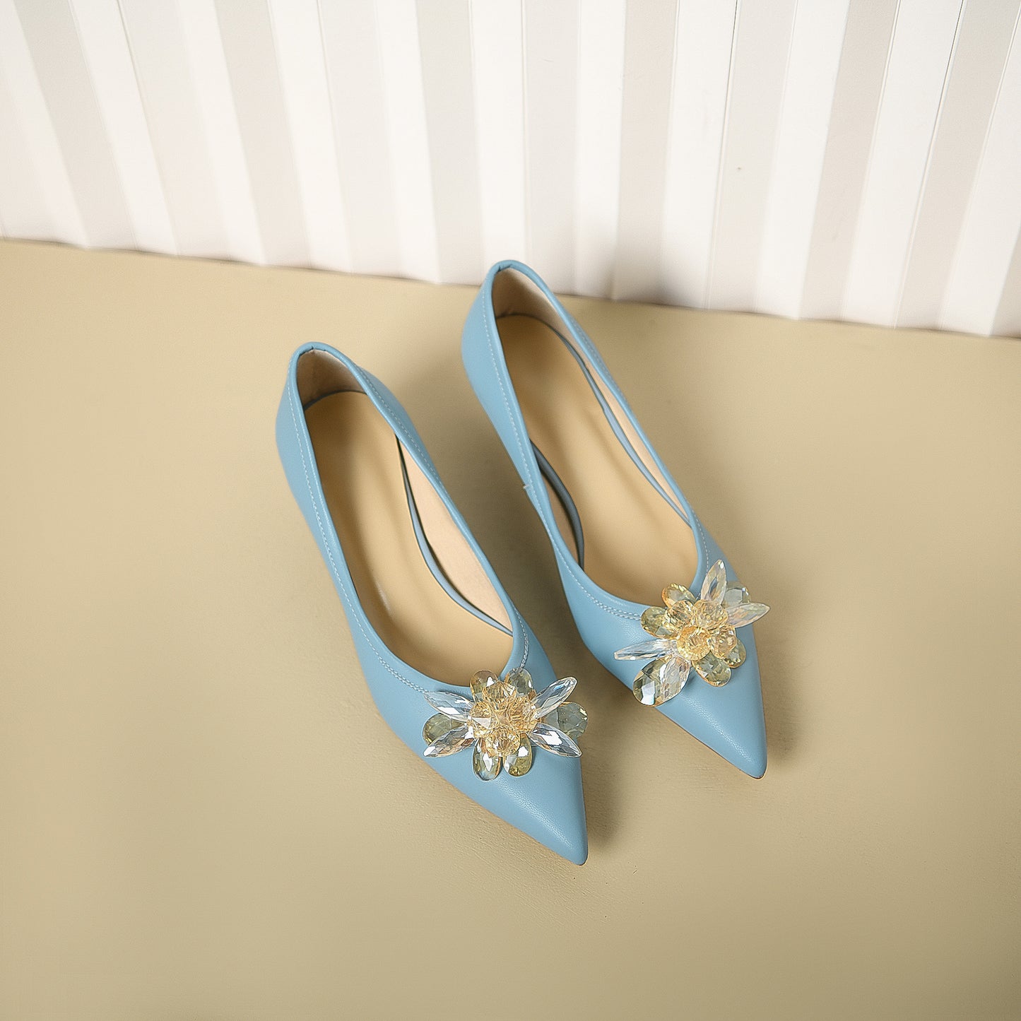 Nine Seven Genuine Leather Handmade Women's Crystal Flower Pointed Toe Slip On Kitten Heel Pumps Shoes