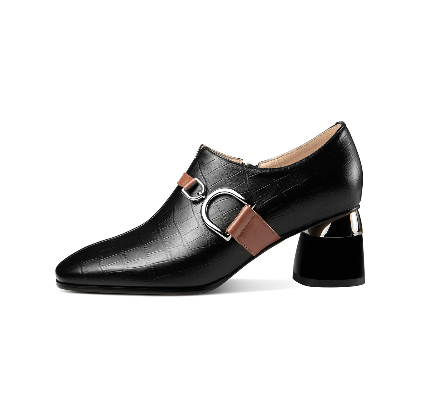 Nine Seven Women's Round Toe Genuine Leather Handmade Buckle Belt Side Zip Up Chunky Heels Stylish Pumps