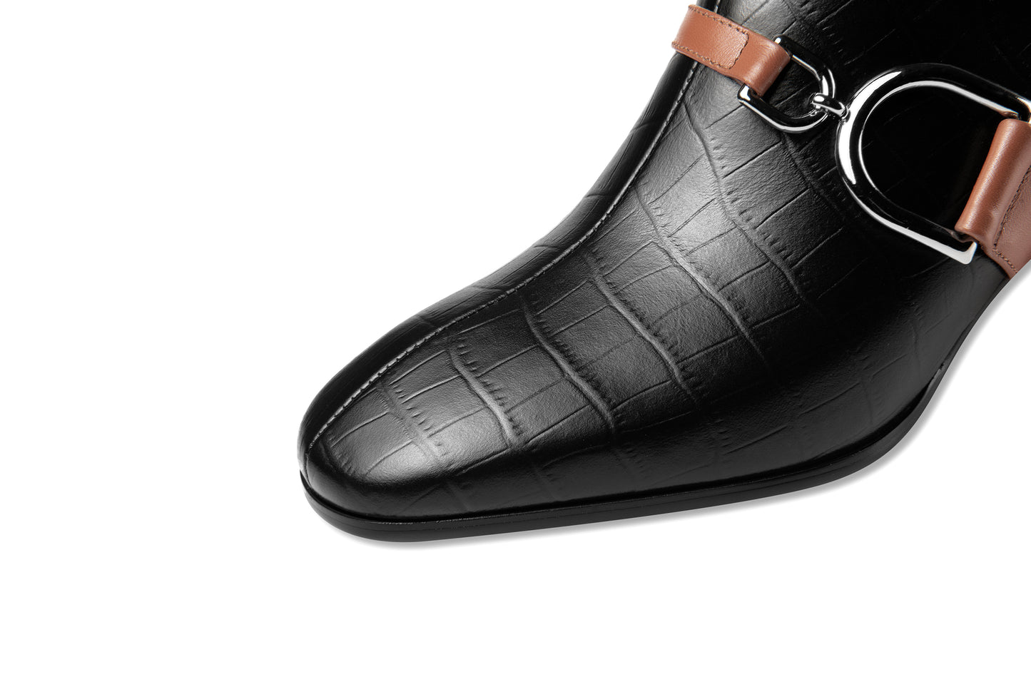 Nine Seven Women's Round Toe Genuine Leather Handmade Buckle Belt Side Zip Up Chunky Heels Stylish Pumps