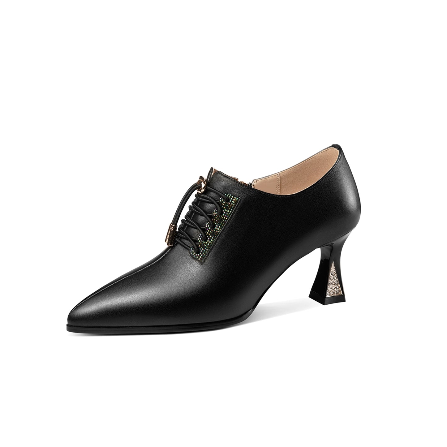 Nine Seven Women's Pointed Toe Genuine Leather Handmade Side Zipper Lace Up Mid Heels Trendy Pumps Shoes