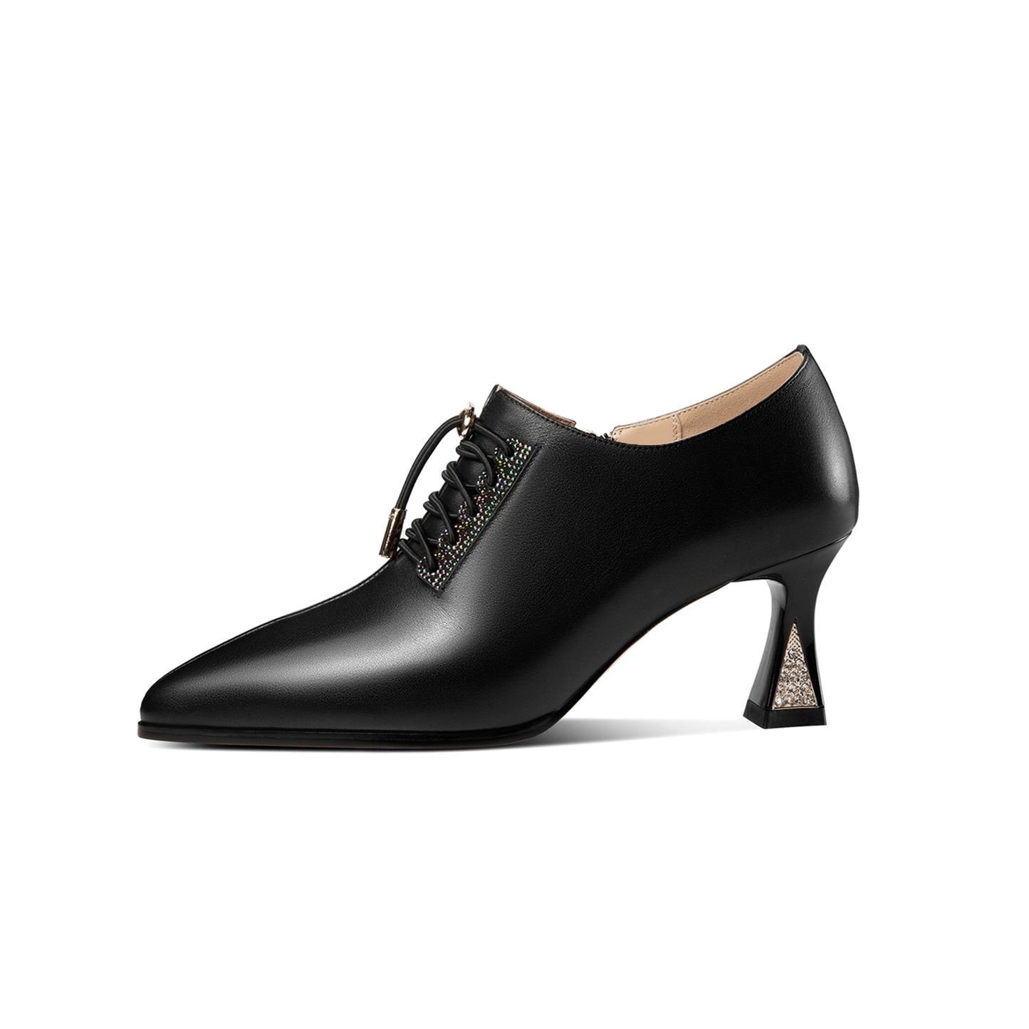 Nine Seven Women's Pointed Toe Genuine Leather Handmade Side Zipper Lace Up Mid Heels Trendy Pumps Shoes