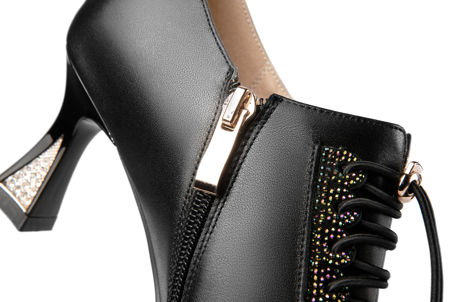 Nine Seven Women's Pointed Toe Genuine Leather Handmade Side Zipper Lace Up Mid Heels Trendy Pumps Shoes