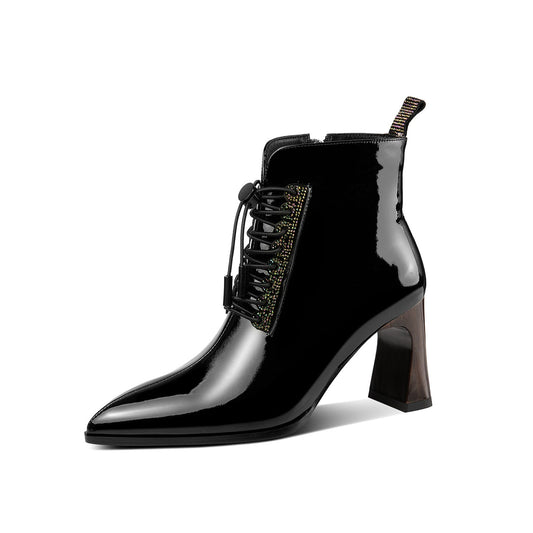 Nine Seven Handmade Women's Patent Leather Rhinestones Front Lace Up Pointed Toe Mid Chunky Heel Ankle Boots