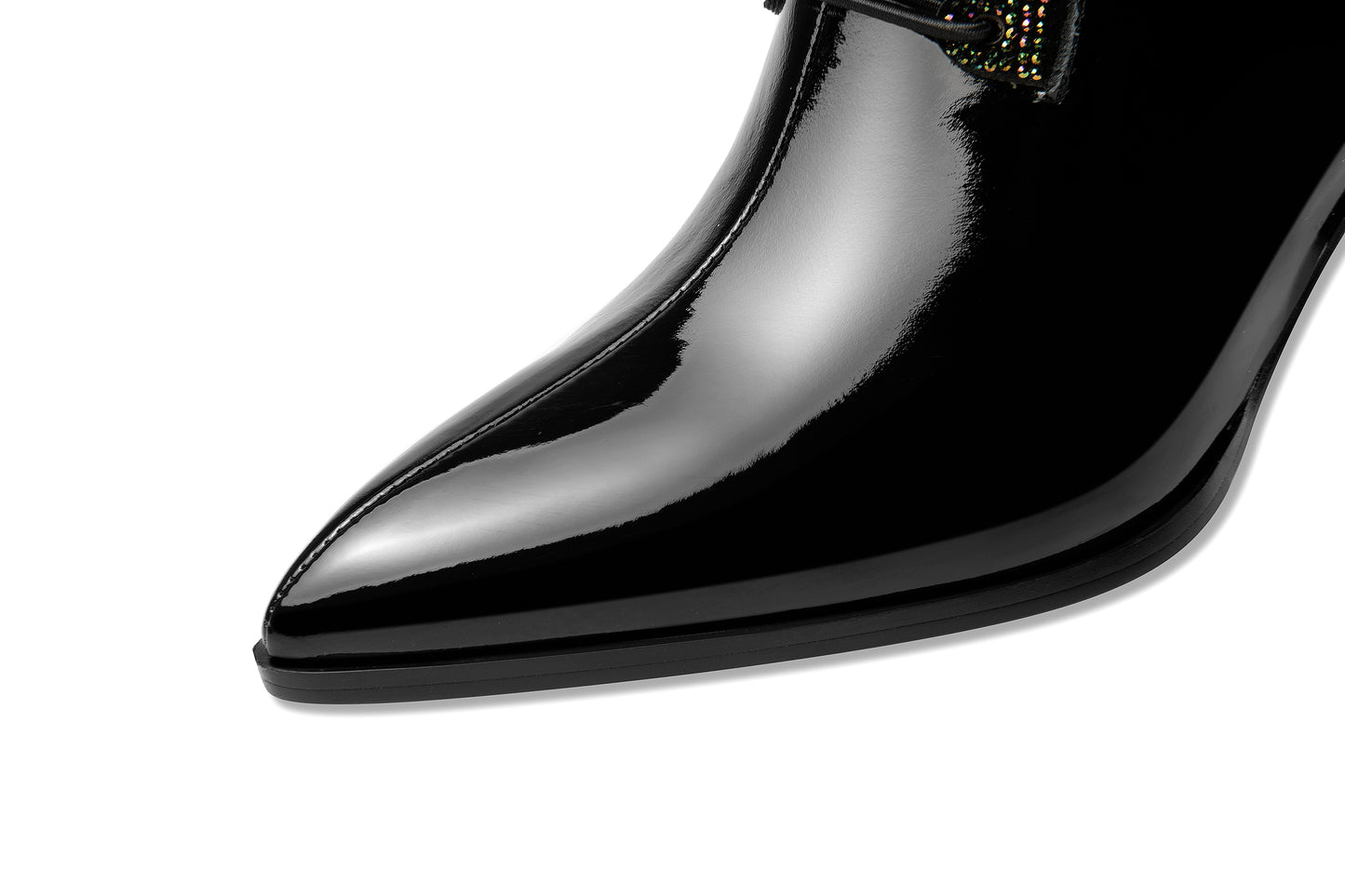 Nine Seven Handmade Women's Patent Leather Rhinestones Front Lace Up Pointed Toe Mid Chunky Heel Ankle Boots