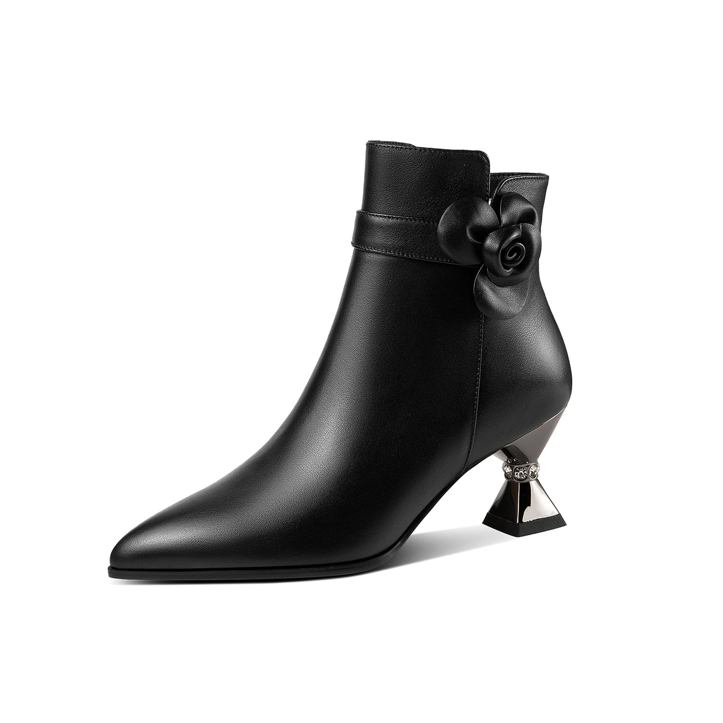 Nine Seven Handmade Women's Genuine Leather Floral Decor Pointed Toe Side Zipper Mid Spool Heel Ankle Boots