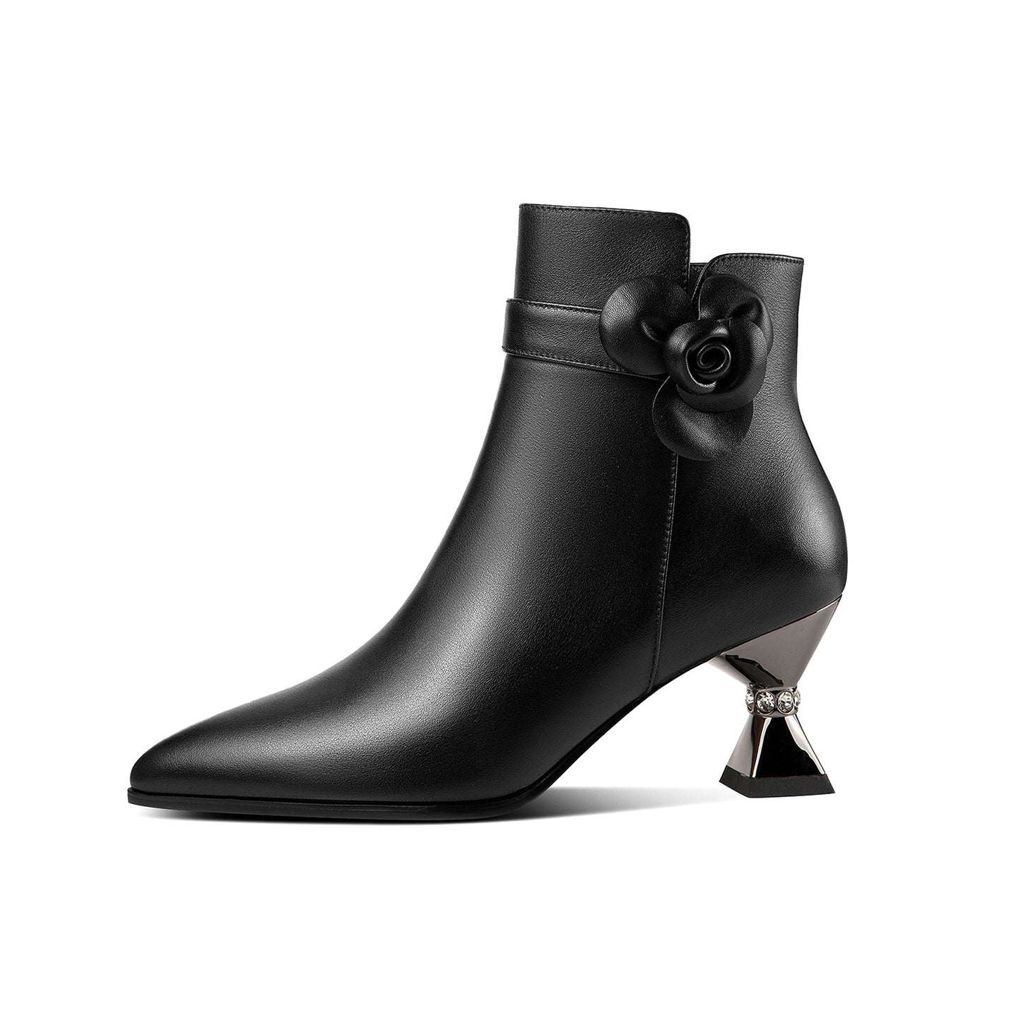 Nine Seven Handmade Women's Genuine Leather Floral Decor Pointed Toe Side Zipper Mid Spool Heel Ankle Boots