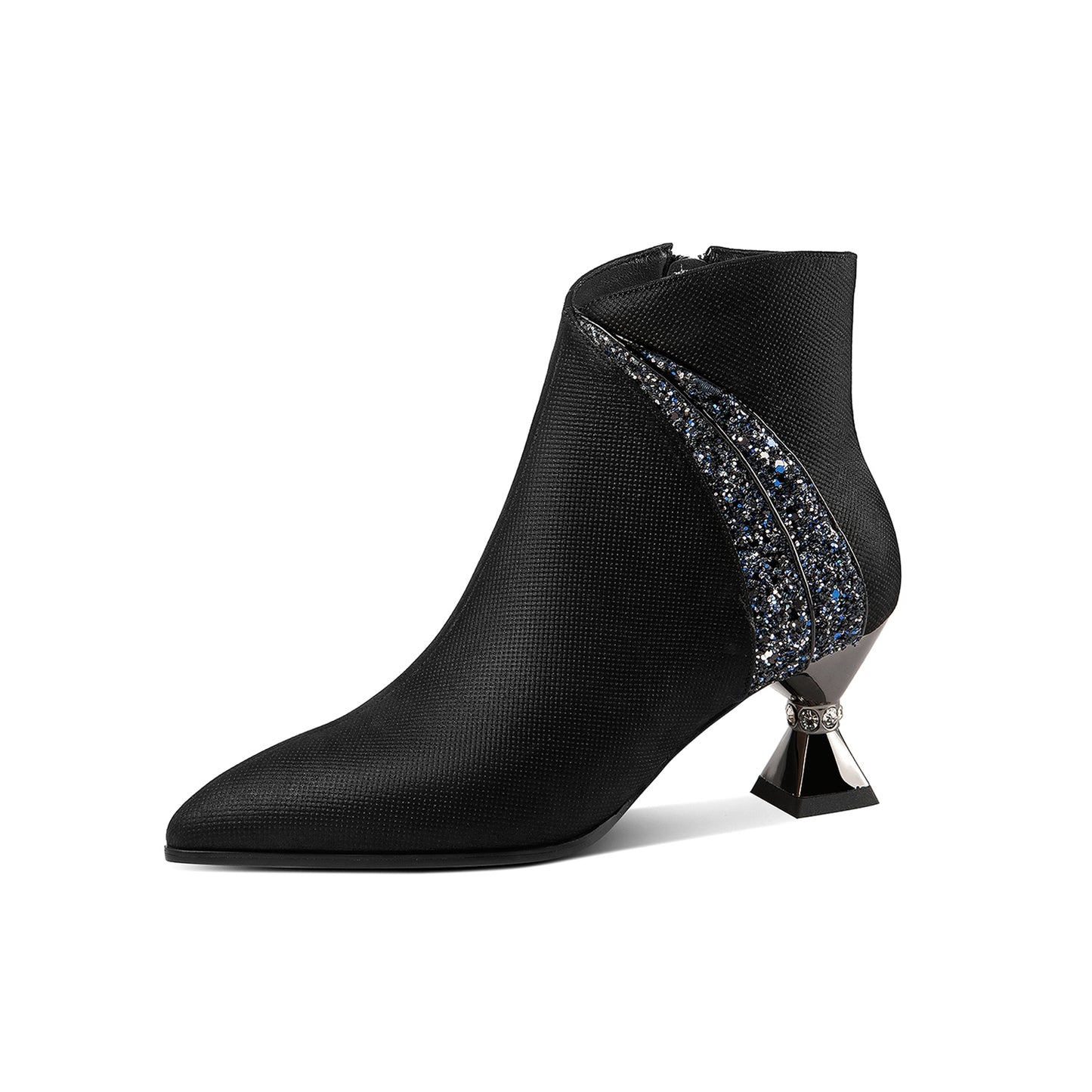 Nine Seven Handmade Women's Genuine Leather Rhinestones Woven Design Pointed Toe Side Zipper Mid Spool Heel Ankle Boots