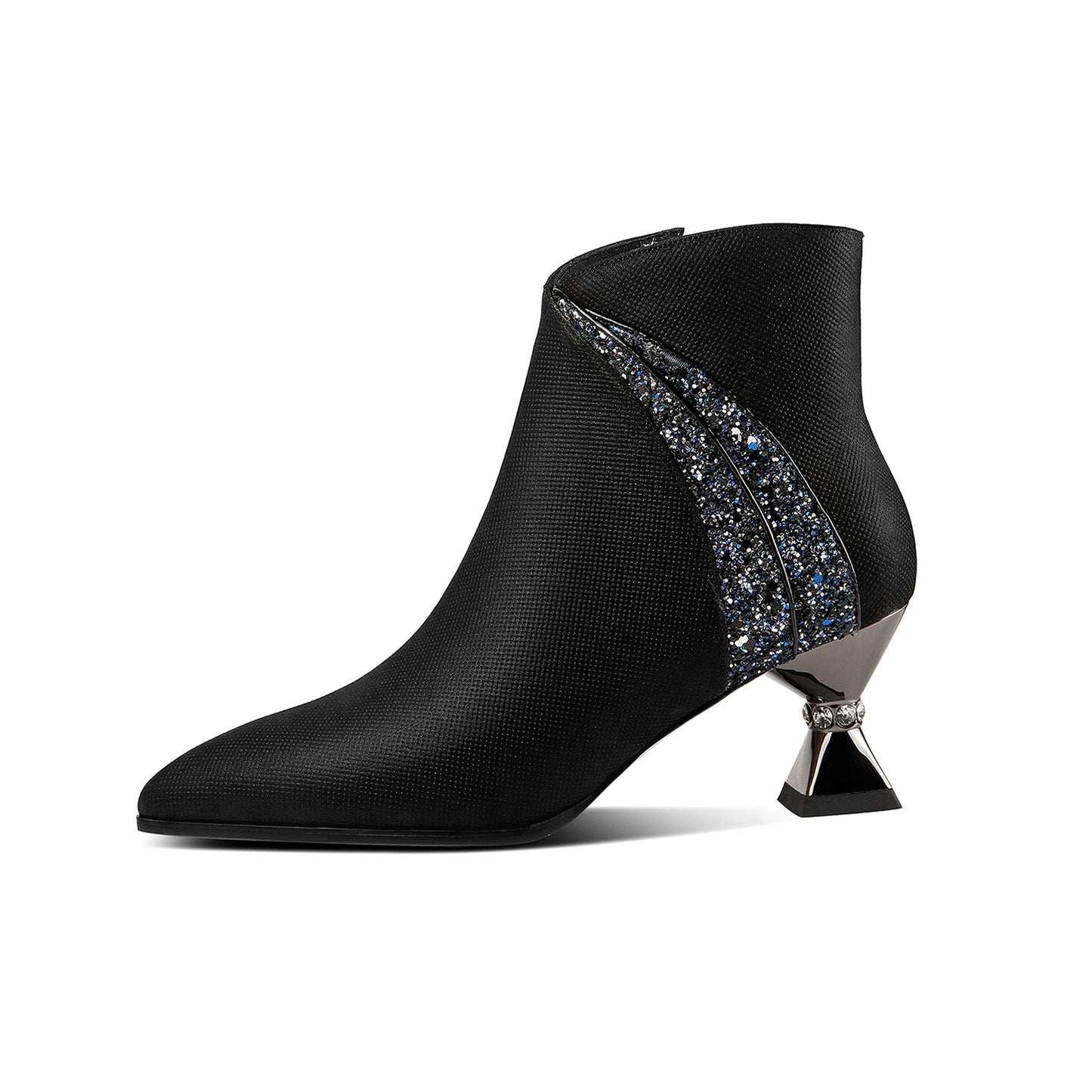 Nine Seven Handmade Women's Genuine Leather Rhinestones Woven Design Pointed Toe Side Zipper Mid Spool Heel Ankle Boots