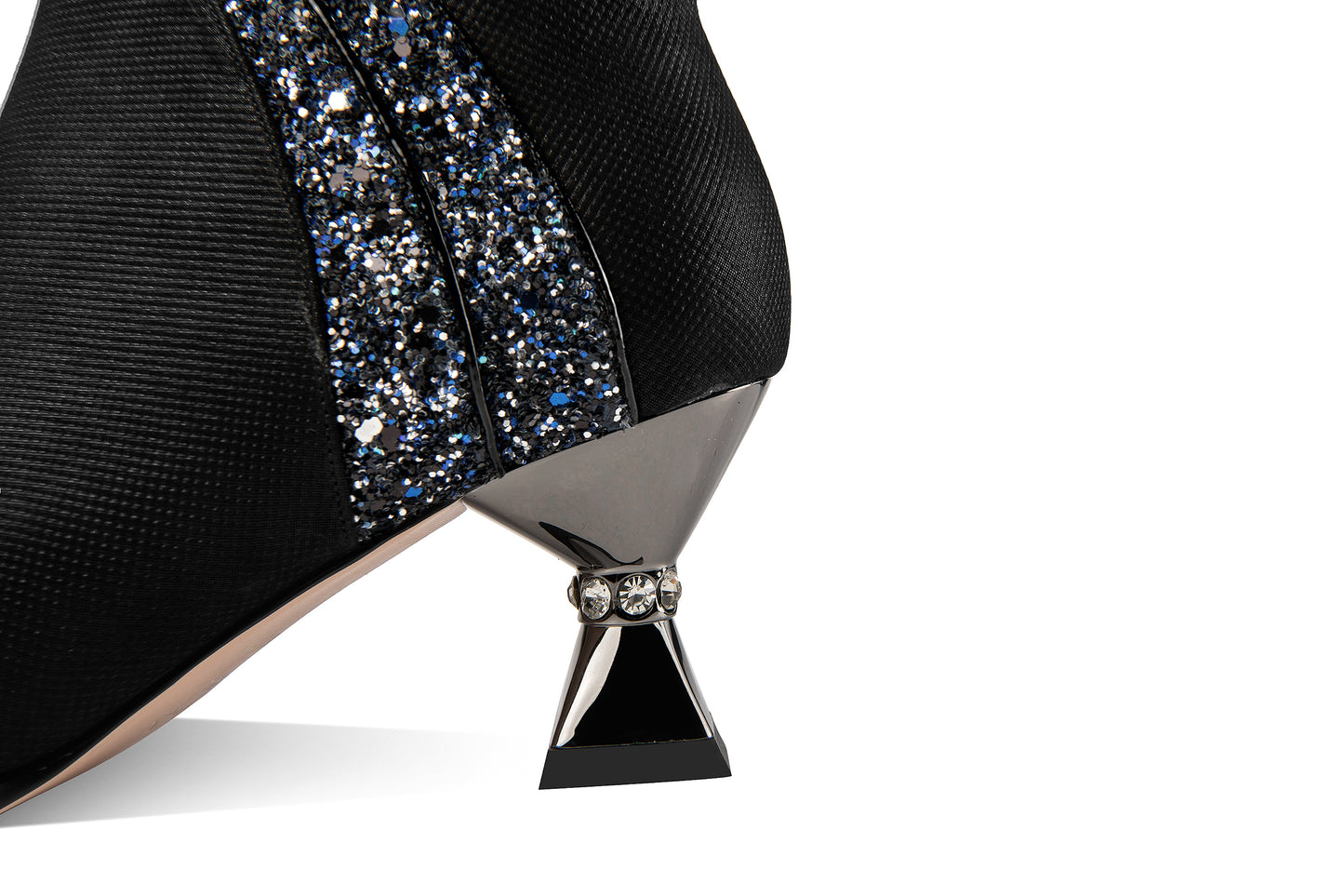 Nine Seven Handmade Women's Genuine Leather Rhinestones Woven Design Pointed Toe Side Zipper Mid Spool Heel Ankle Boots