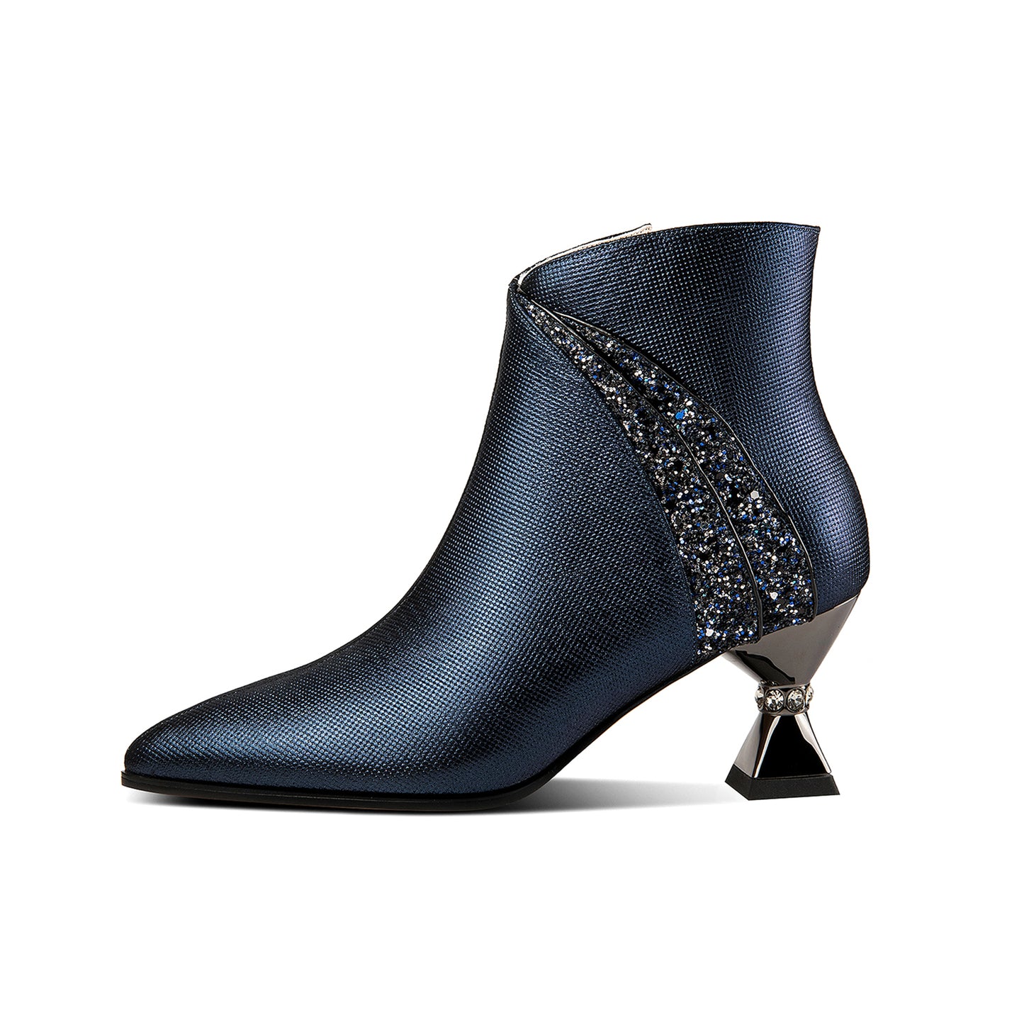 Nine Seven Handmade Women's Genuine Leather Rhinestones Woven Design Pointed Toe Side Zipper Mid Spool Heel Ankle Boots