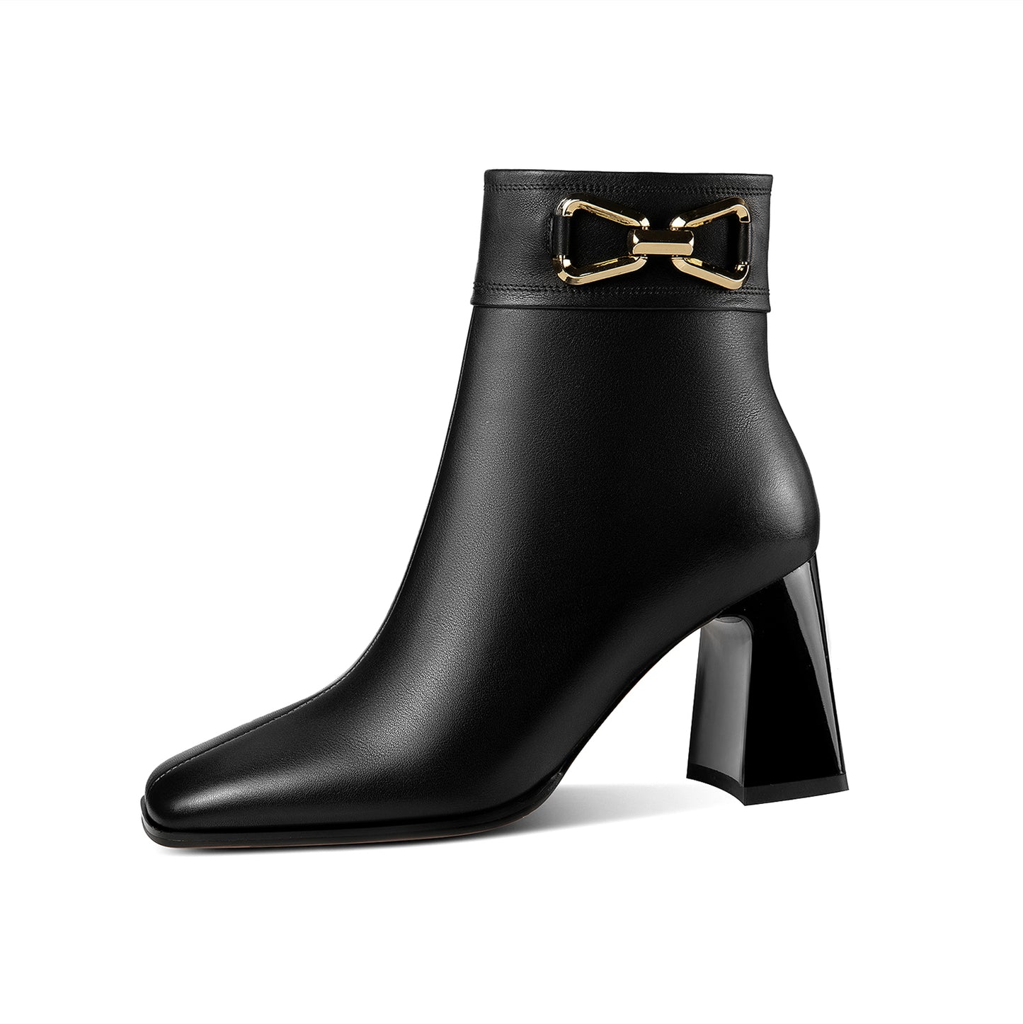 Nine Seven Women's Square Toe Genuine Leather Handmade Matal Buckle High Chunky Heel Side Zip Up Chic Ankle Boots