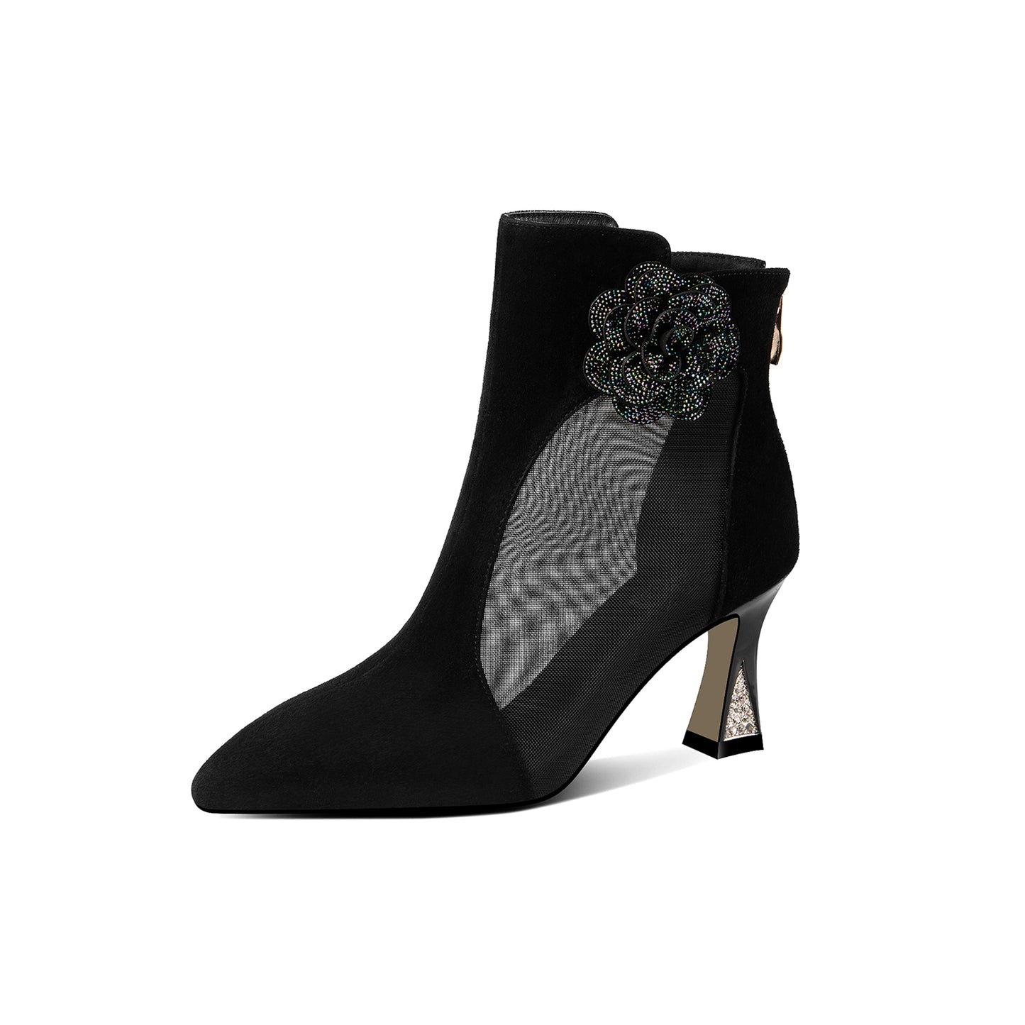 Nine Seven Women's Suede Leather Handmade Mesh Spool Heel Back Zip Up Flower Decor Black Summer Ankle Boots