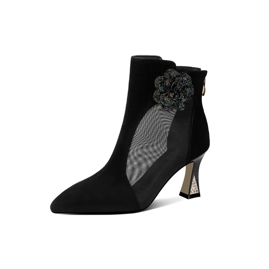 Nine Seven Women's Suede Leather Handmade Mesh Spool Heel Back Zip Up Flower Decor Black Summer Ankle Boots
