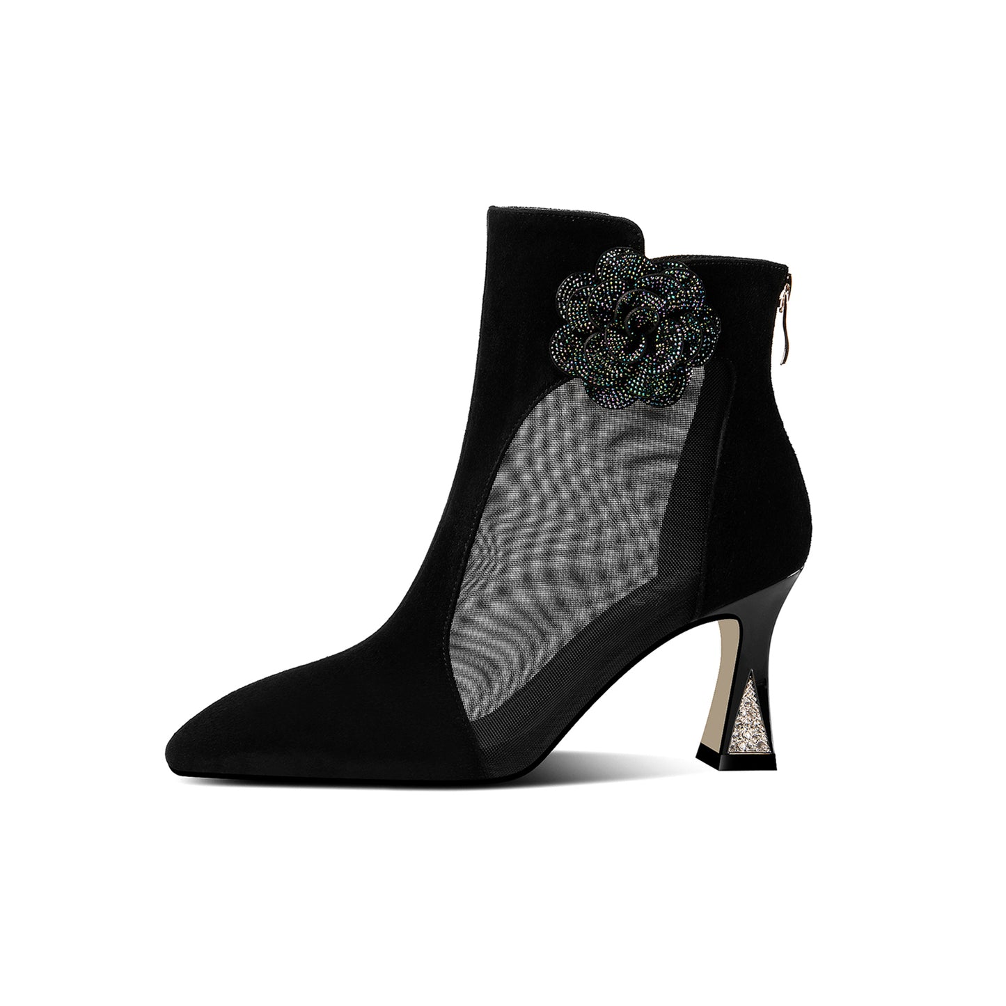 Nine Seven Women's Suede Leather Handmade Mesh Spool Heel Back Zip Up Flower Decor Black Summer Ankle Boots