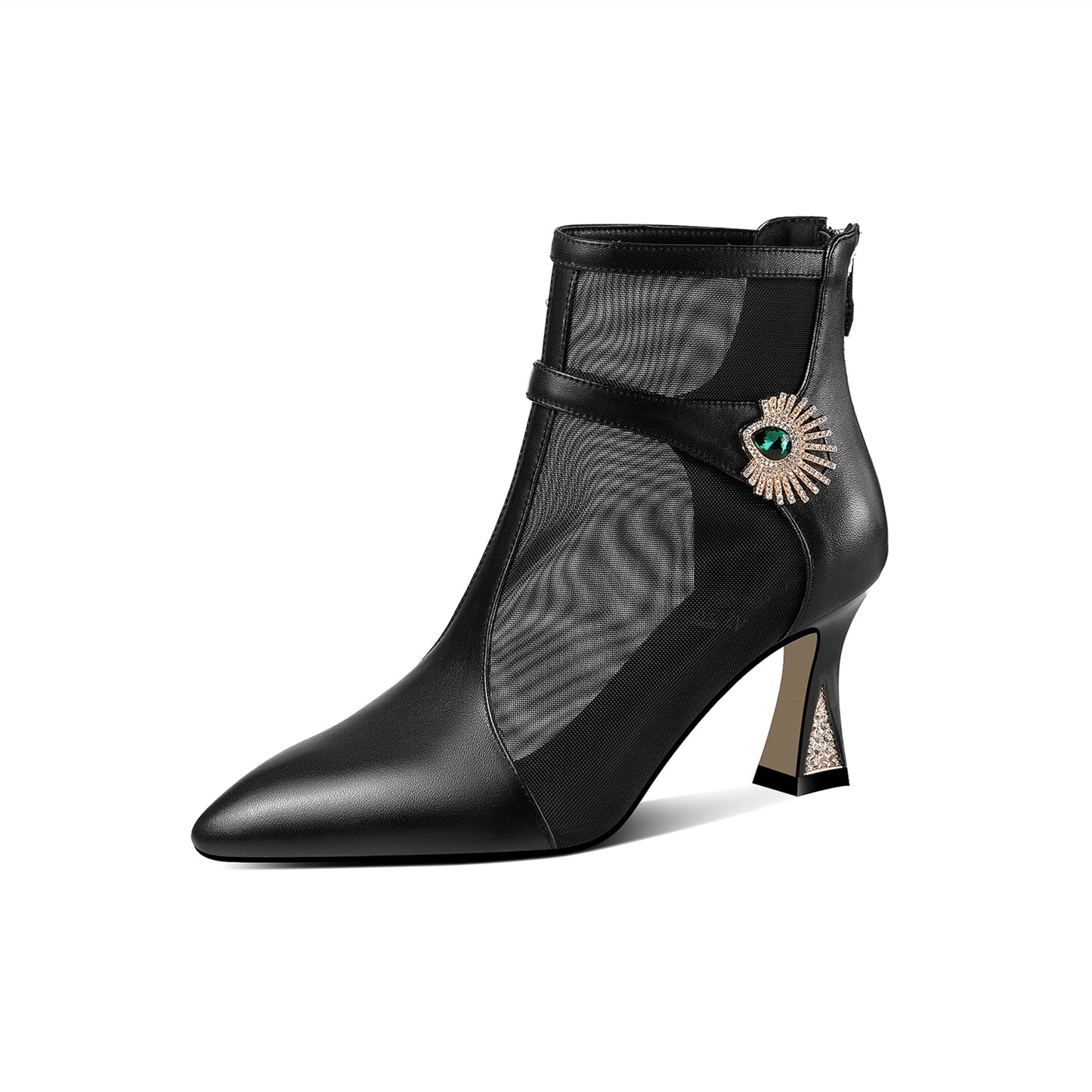 Nine Seven Women's Handmade Genuine Leather and Mesh Zip Up Spool Heel Summer Ankle Boots with Green Crystal