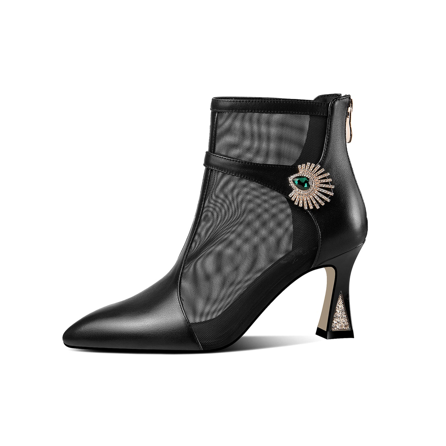 Nine Seven Women's Handmade Genuine Leather and Mesh Zip Up Spool Heel Summer Ankle Boots with Green Crystal