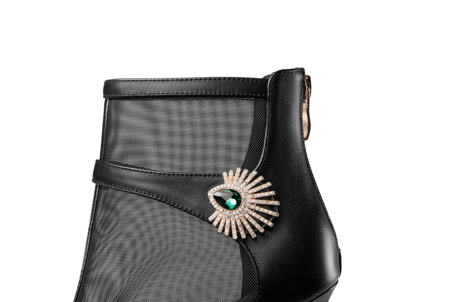 Nine Seven Women's Handmade Genuine Leather and Mesh Zip Up Spool Heel Summer Ankle Boots with Green Crystal