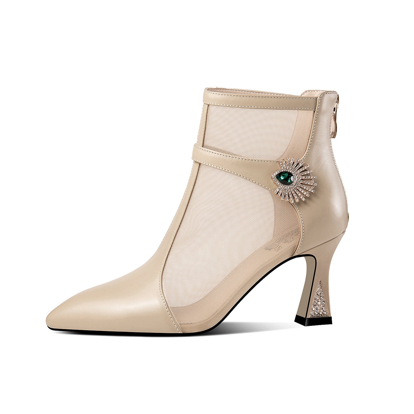 Nine Seven Women's Handmade Genuine Leather and Mesh Zip Up Spool Heel Summer Ankle Boots with Green Crystal