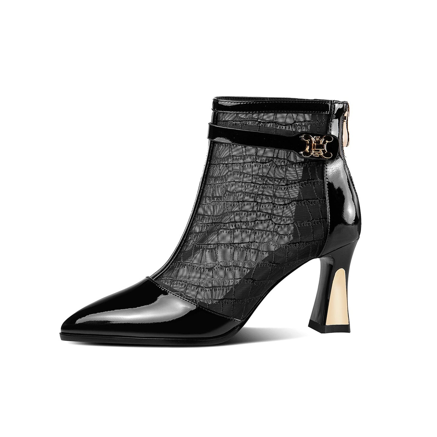 Nine Seven Women's Glossy Patent Leather Handmade Summer Mesh Mid Heel Back Zip Up Ankle Boots with Pointy Toe