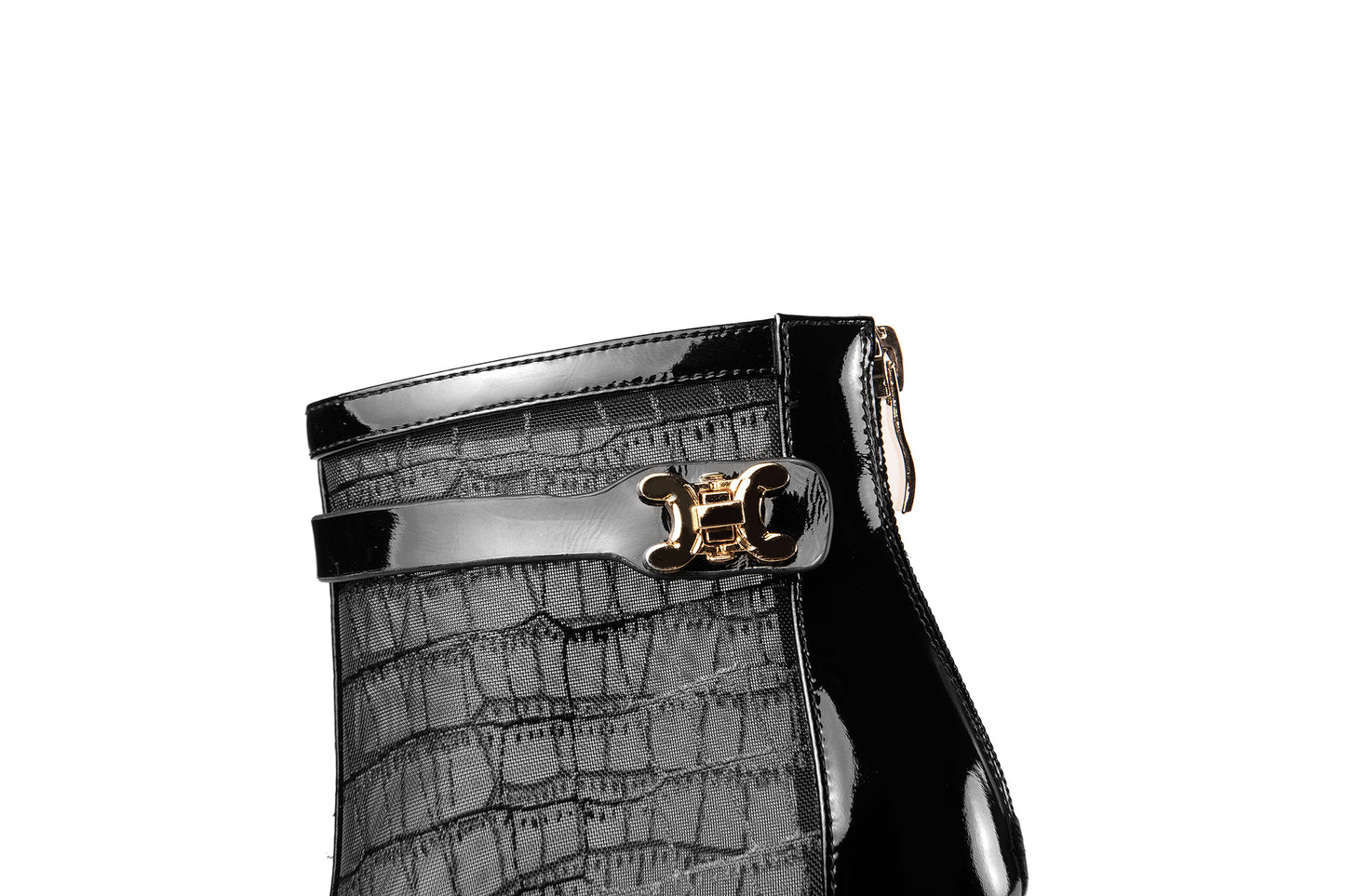 Nine Seven Women's Glossy Patent Leather Handmade Summer Mesh Mid Heel Back Zip Up Ankle Boots with Pointy Toe