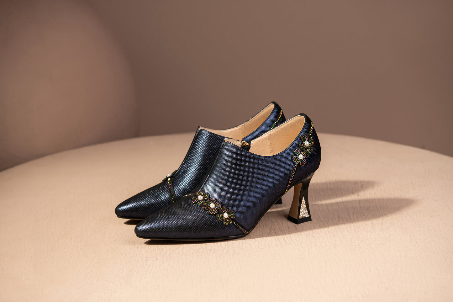 Nine Seven Handmade Women's Genuine Leather Rhinestones Pearls Flowers Side Zipper Pointed Toe Mid Spool Heel Pumps