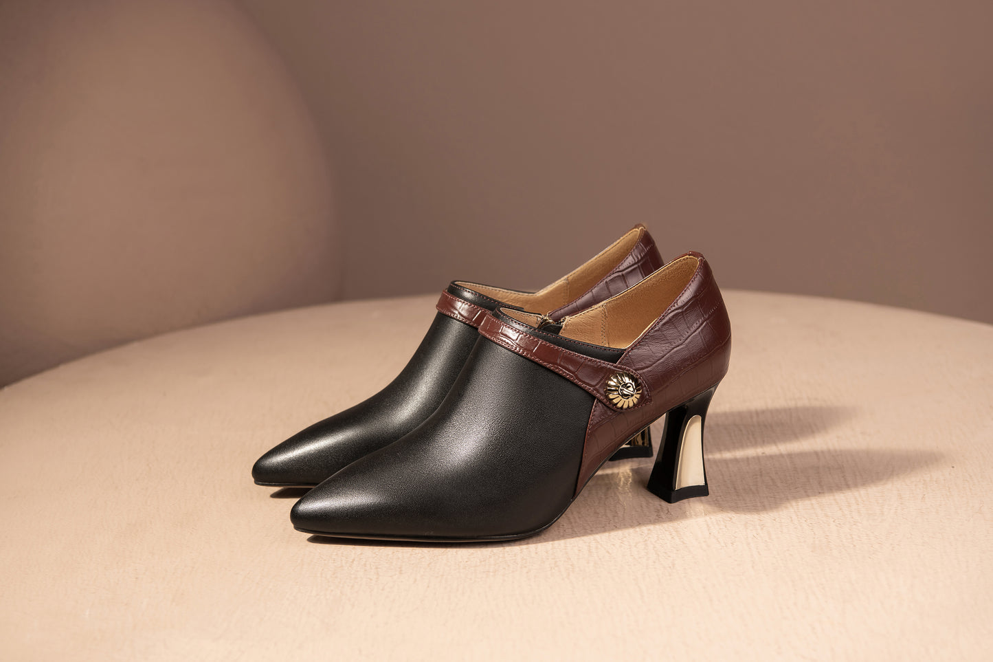 Nine Seven Handmade Women's Genuine Leather Stitching Color Side Zipper Pointed Toe Mid Spool Heel Pumps Shoes