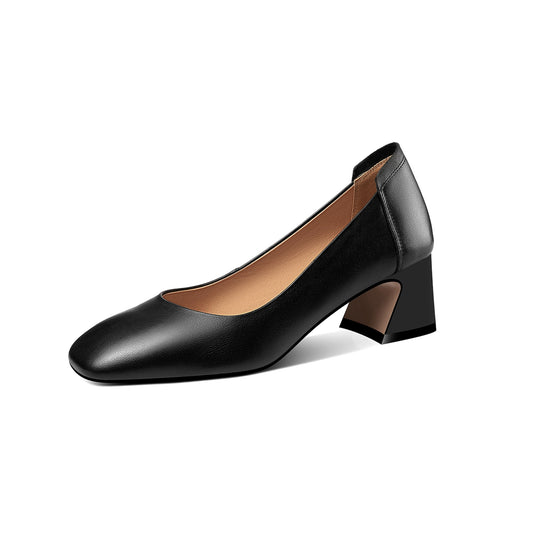 Nine Seven Women's Genuine Leather Square Toe Handmade Low Chunky Heel Casual Pumps Shoes