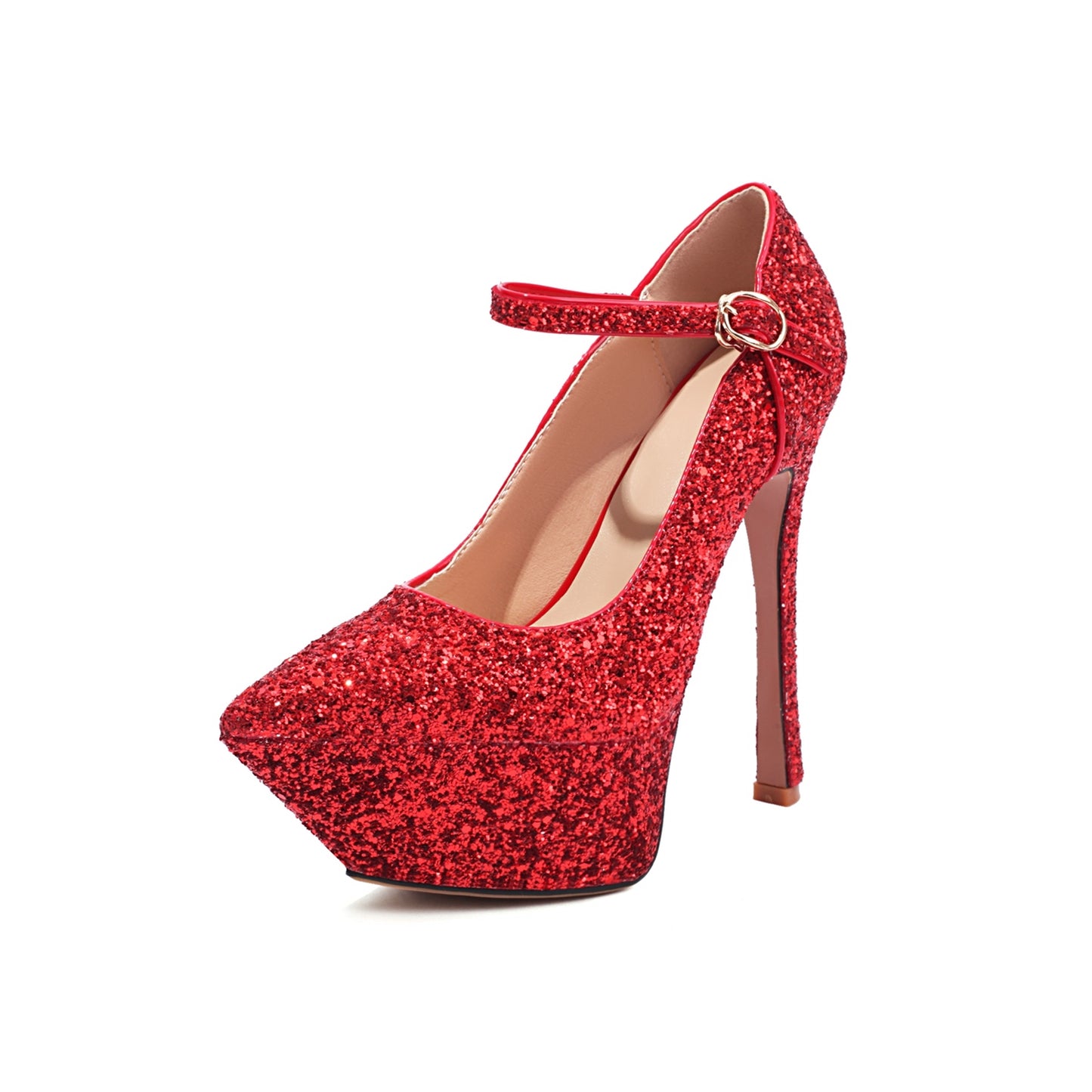 Nine Seven Sequins Pointed Toe Women's Handmade High Stiletto Heel Platform Modern Buckle Weeding Pumps Shoes