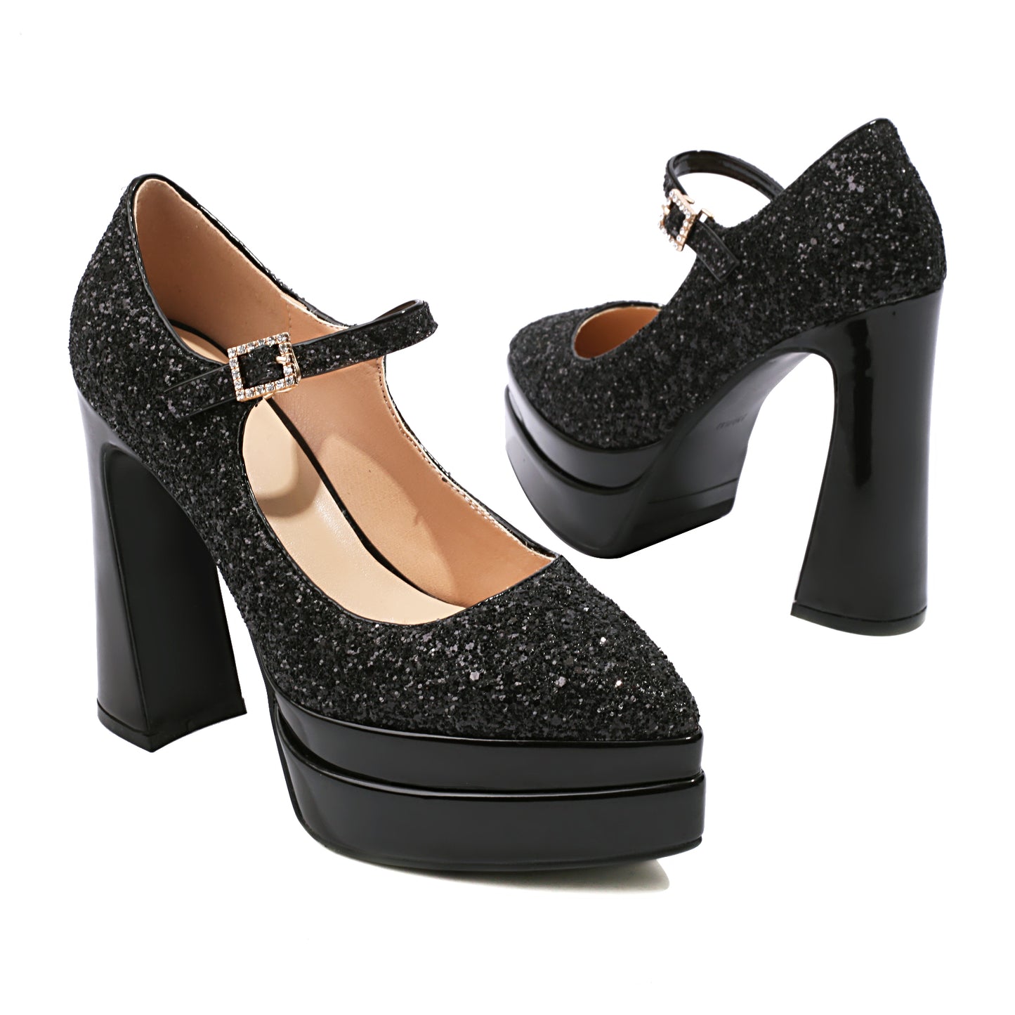 Nine Seven Leather Women's Handmade High Heel Platform Glitter Buckle Mary Jane Pumps Shoes