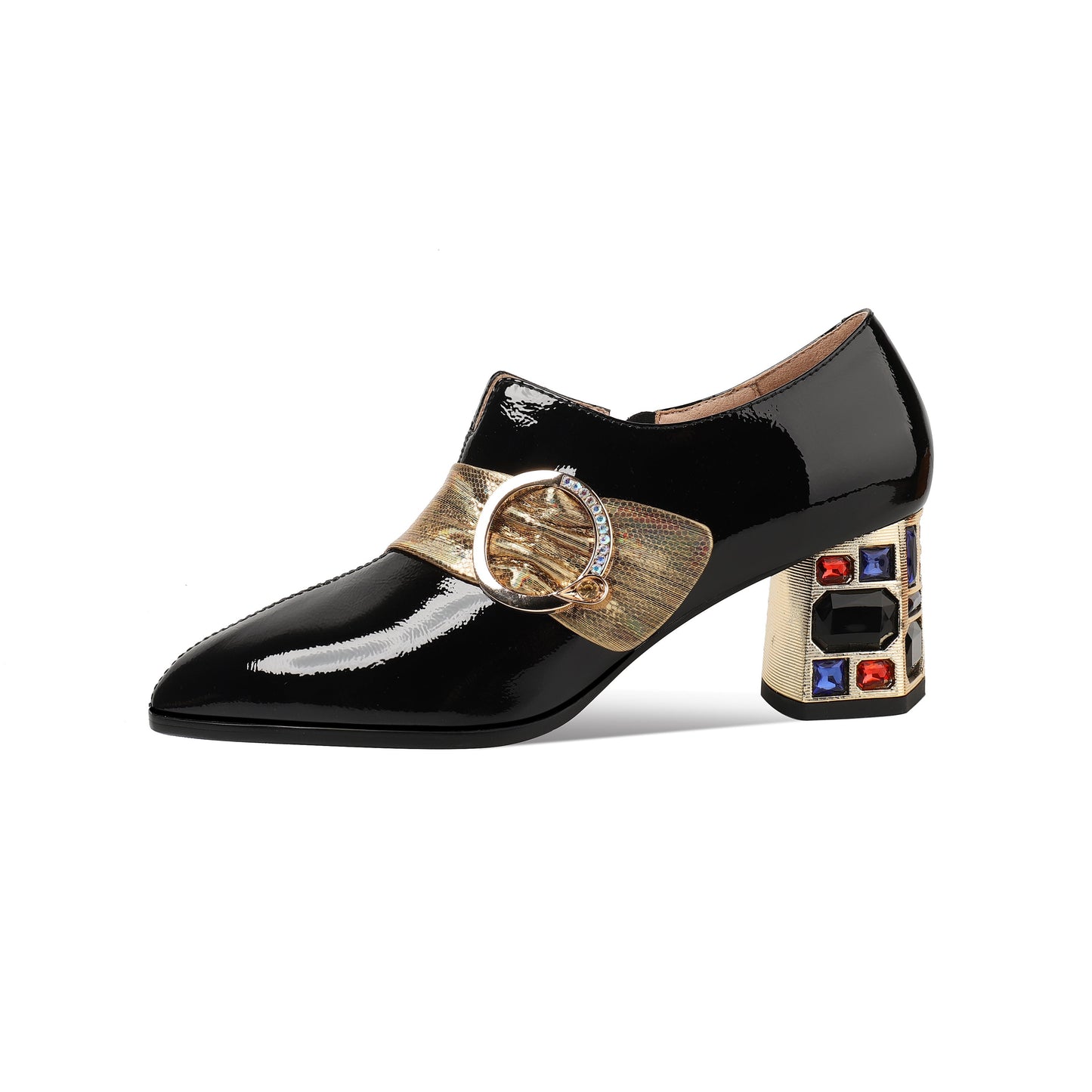 Nine Seven Women's Patent Leather Pointed Toe Side Zipper Handmade Jewelry Chunky Heels Pumps with Buckle