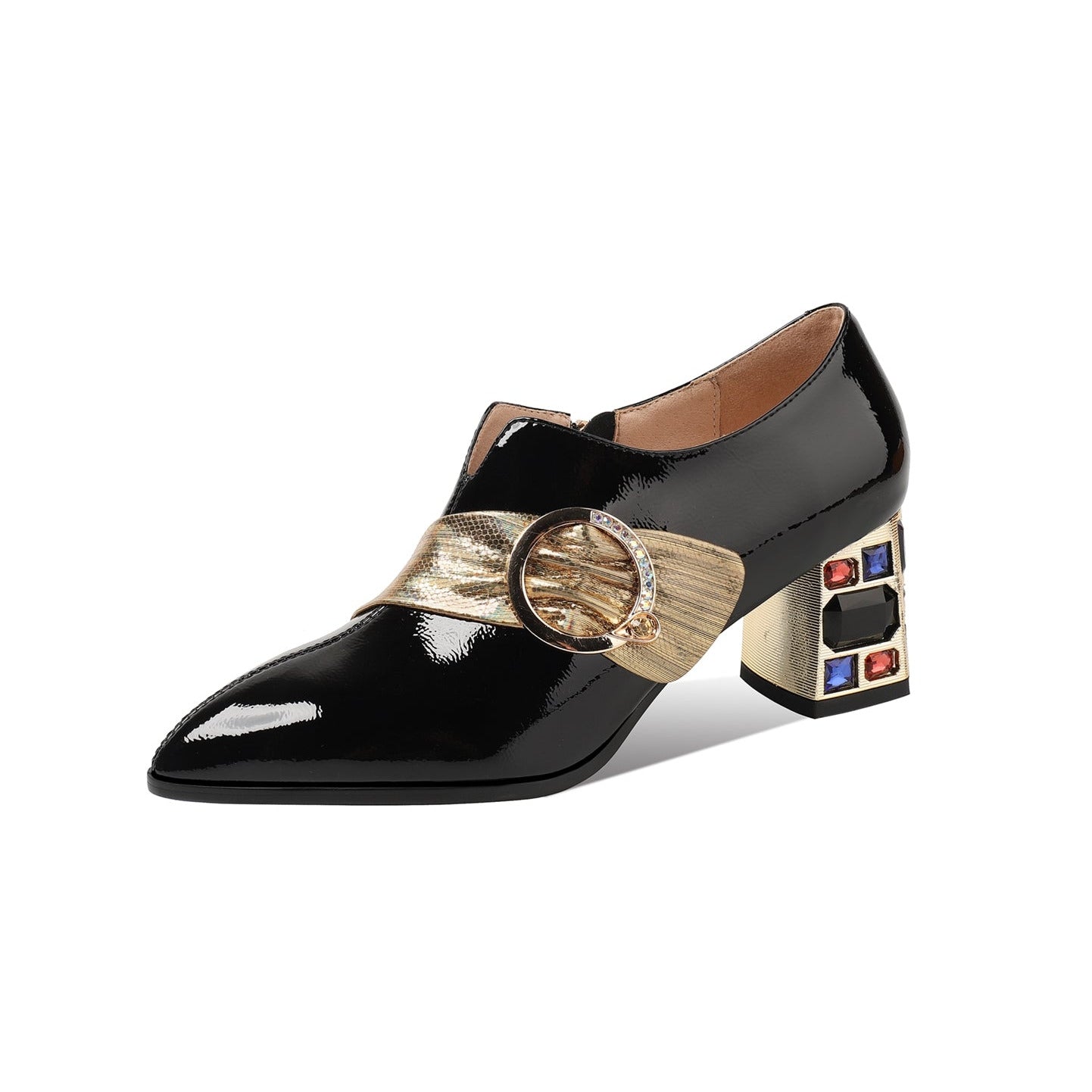 Nine Seven Women's Patent Leather Pointed Toe Side Zipper Handmade Jewelry Chunky Heels Pumps with Buckle